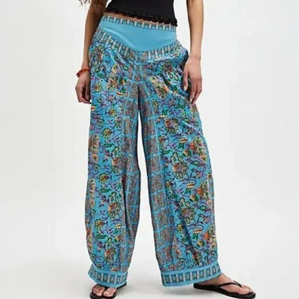 Free People Lantern Lauren Canyon Blue Floral Boho Wide Leg Cotton Pants M Boho